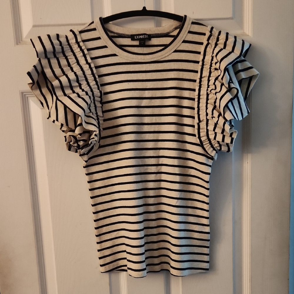 Express Striped Ruffle Sleeve Top